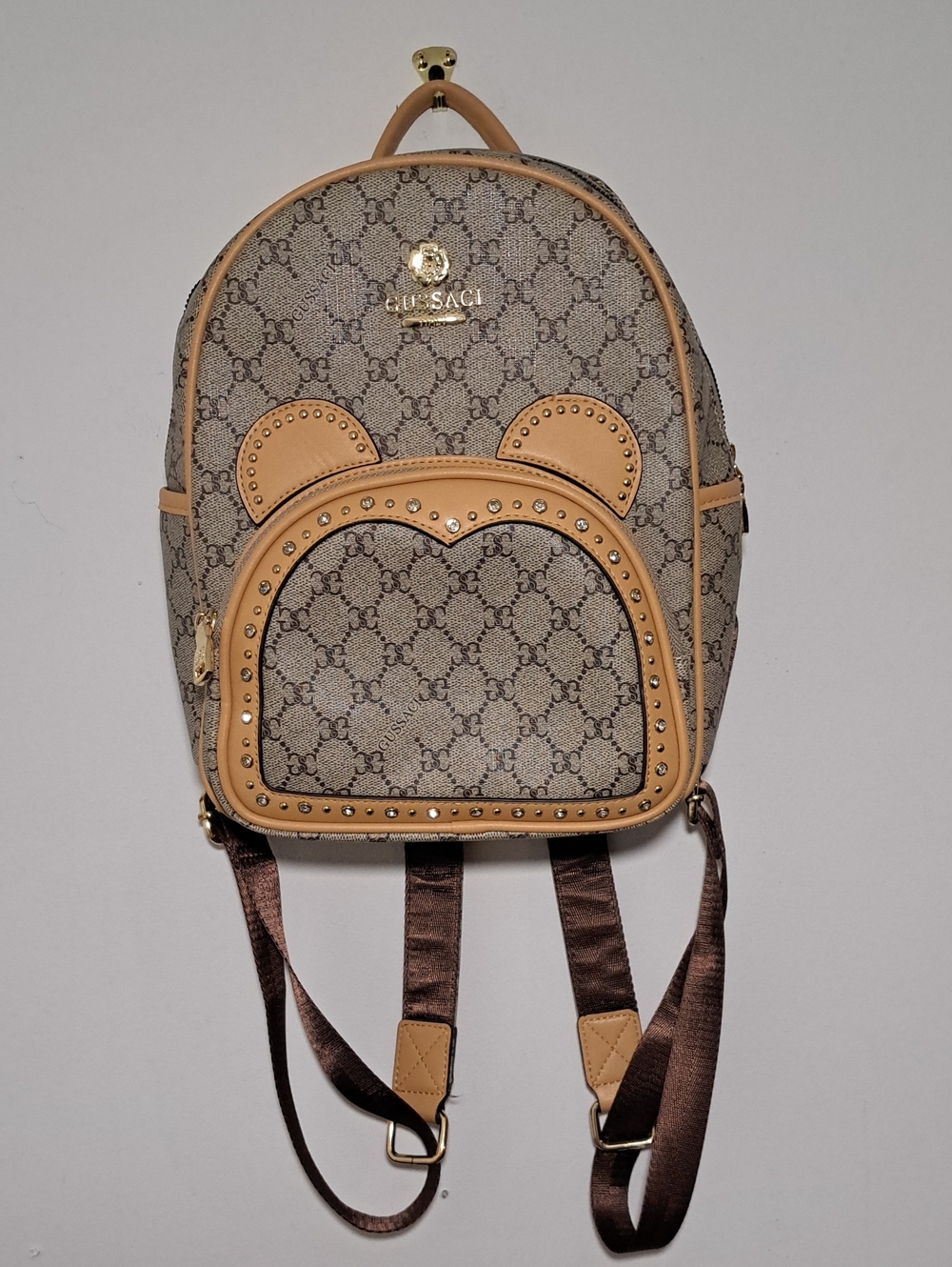 Beige Mini Backpack with Tan Trim by